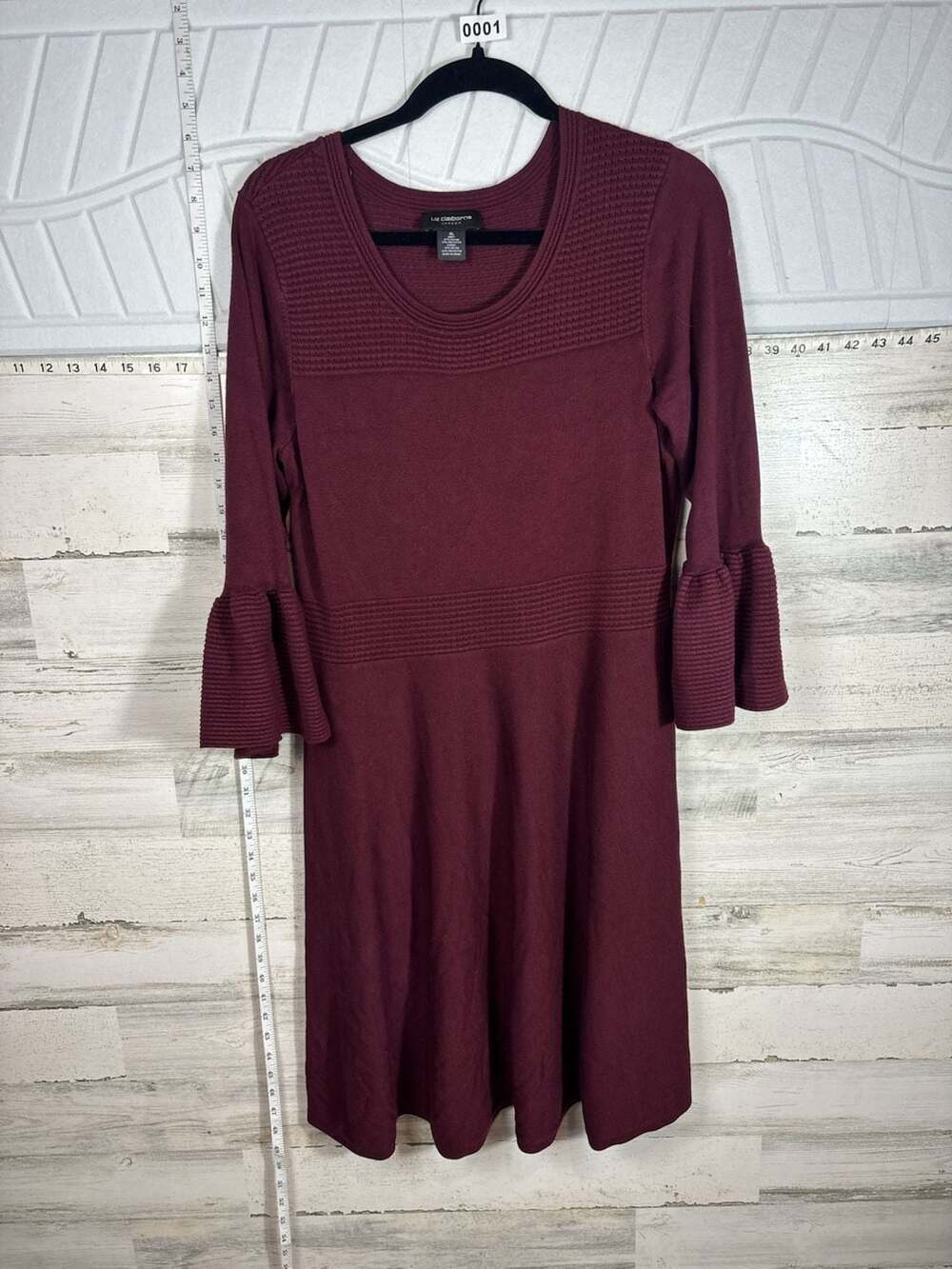 Liz Claiborne Sweater Dress Size XL Burgundy Bell Sleeve Ribbed Knit